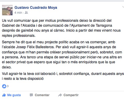 Escrit de Gustavo Cuadrado a les xarxes socials
